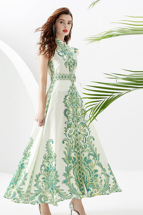 Elegant Autumn Captivating Paisley Pattern Stand-Up Collar, Belted, High Waist, A-line Split Women's Party, Festive Maxi Dress